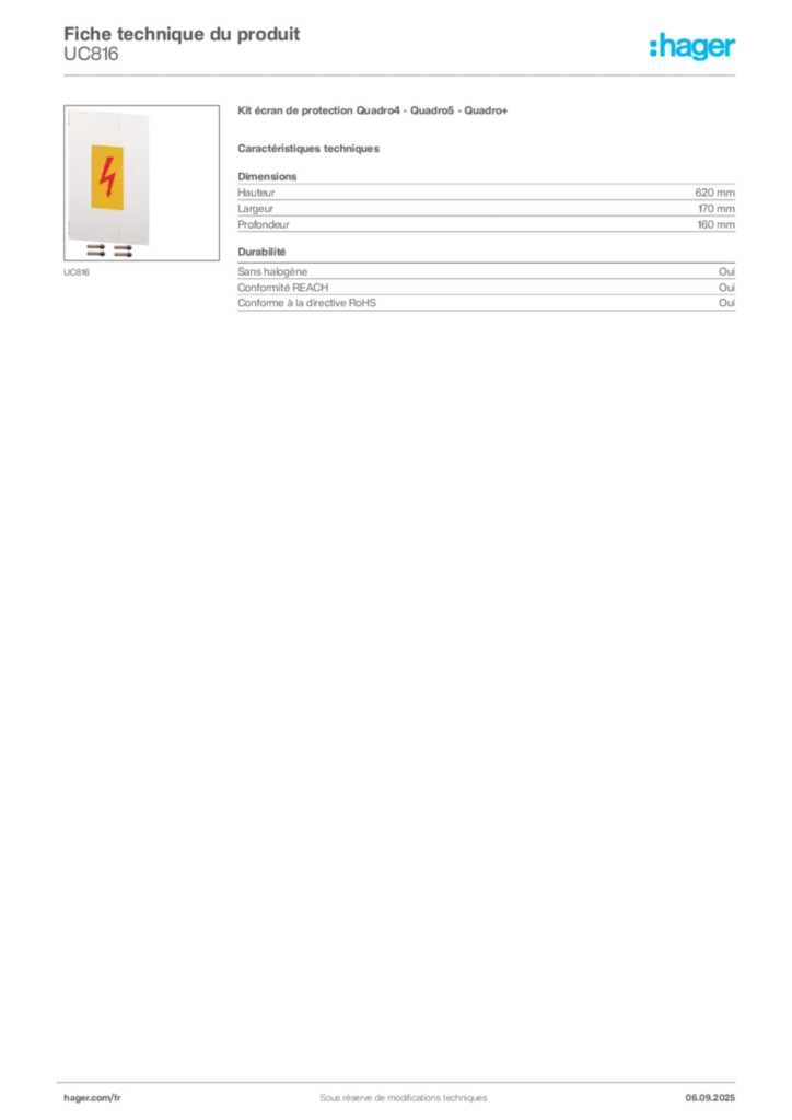 Image Hager Fiche technique du produit UC816 | Hager France
