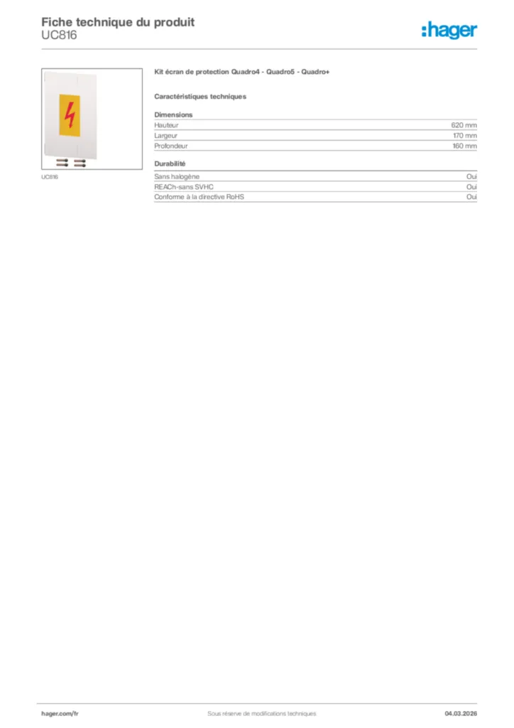 Image Hager Fiche technique du produit UC816 | Hager France