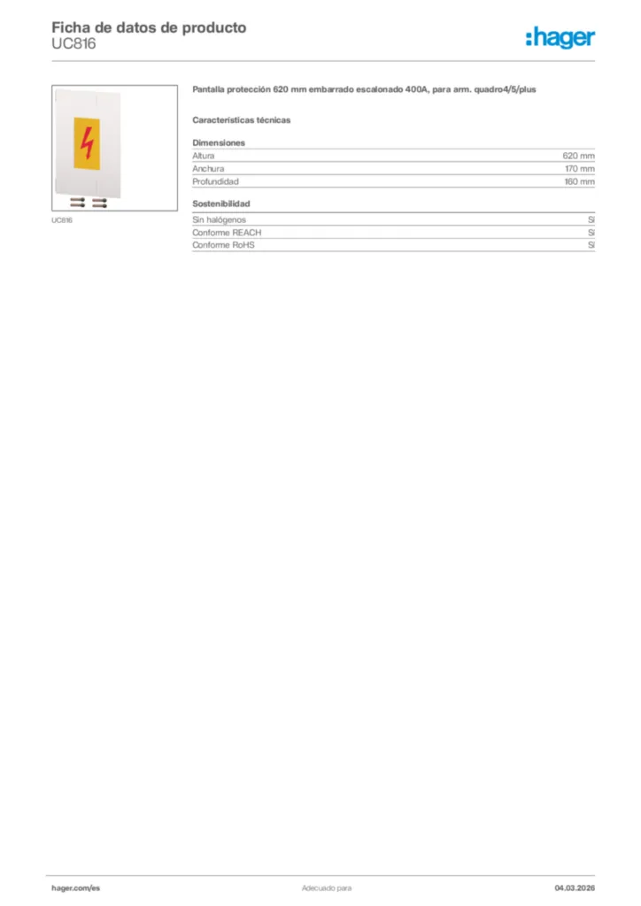 Imagen Hager Ficha de datos de producto UC816 | Hager España