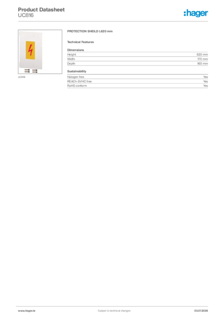 Image Hager Product data sheet UC816  | Hager