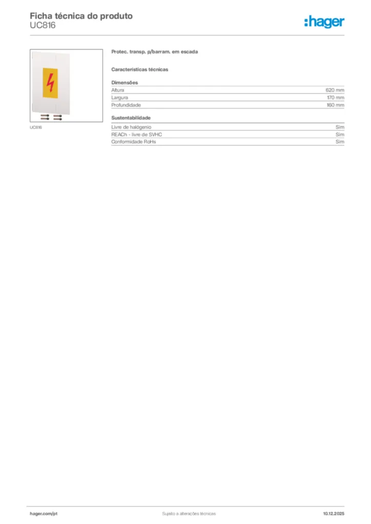 Imagem Hager Ficha técnica do produto UC816 | Hager Portugal