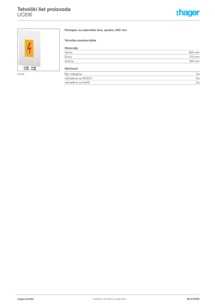 Slika Hager Product data sheet UC816  | Hager