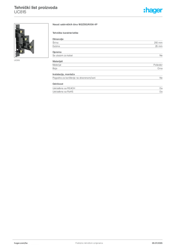 Slika Hager Product data sheet UC815  | Hager
