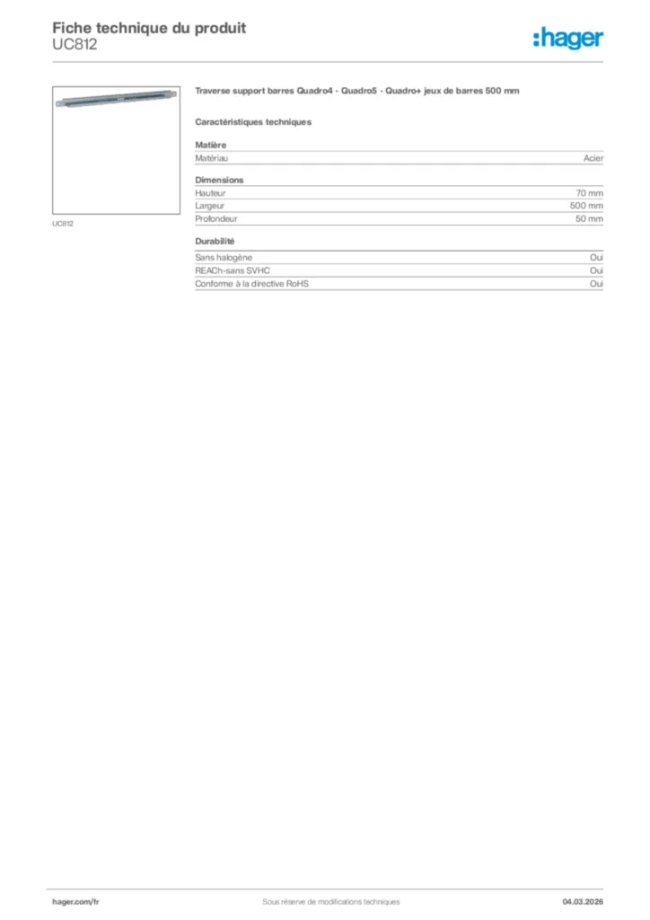 Image Hager Fiche technique du produit UC812 | Hager France