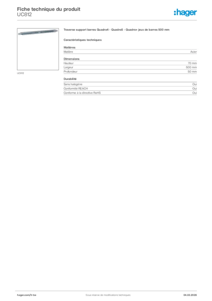 Image Hager Fiche technique du produit UC812 | Hager Belgique