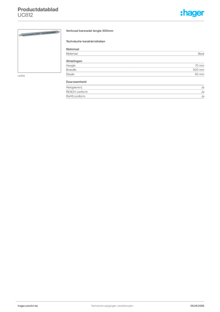 Afbeelding Hager Productdatablad UC812 | Hager Belgium