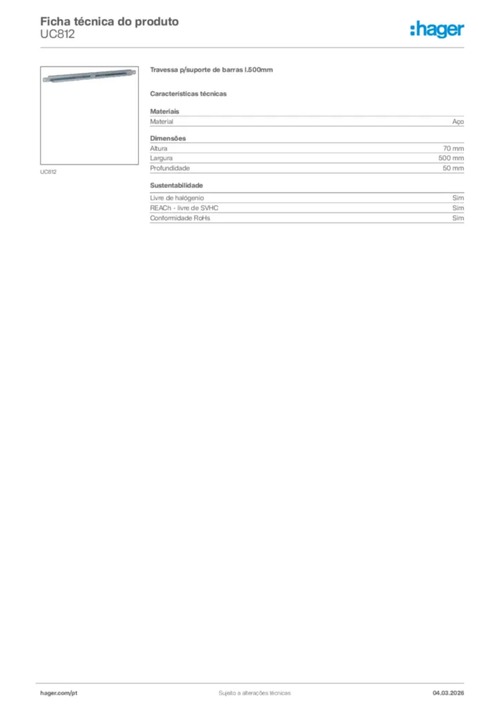Imagem Hager Ficha técnica do produto UC812 | Hager Portugal