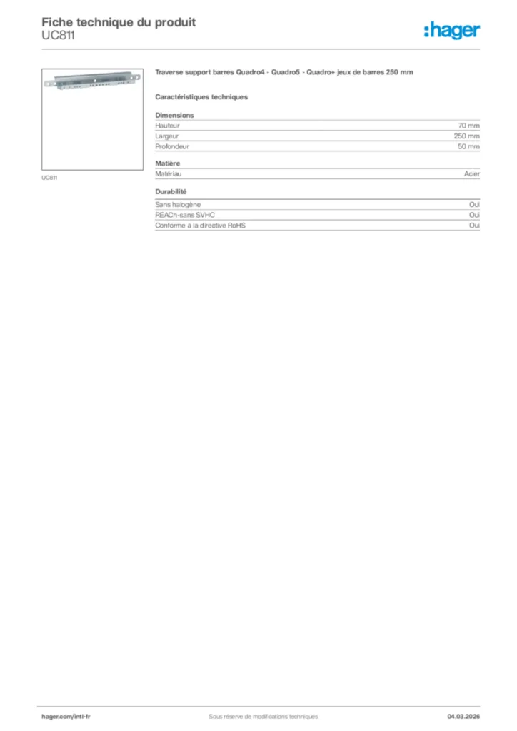 Image Hager Fiche technique du produit UC811 | Hager Afrique