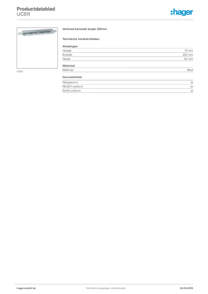 Afbeelding Hager Productdatablad UC811 | Hager Belgium