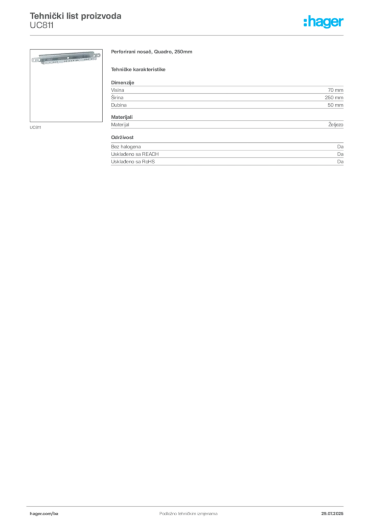 Slika Hager Product data sheet UC811  | Hager