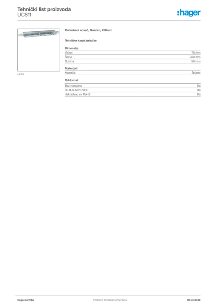 Slika Hager Tehnički list proizvoda UC811  | Hager