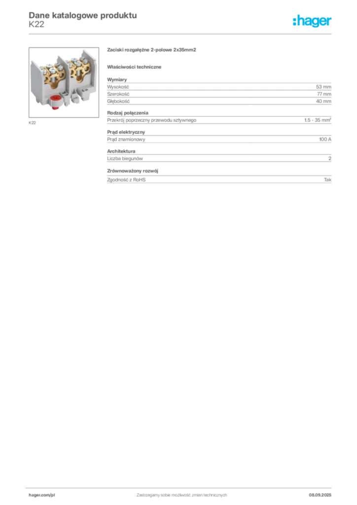 Zdjęcie Hager Dane katalogowe produktu K22 | Hager Polska