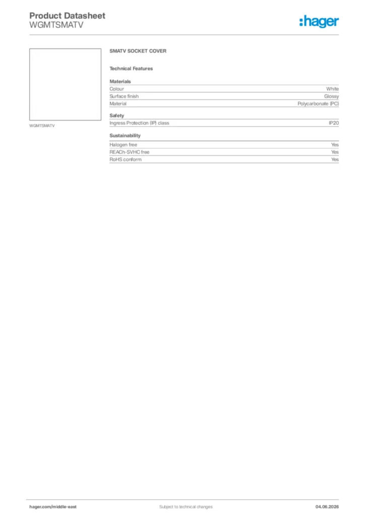 Image Hager Product data sheet WGMTSMATV  | Hager