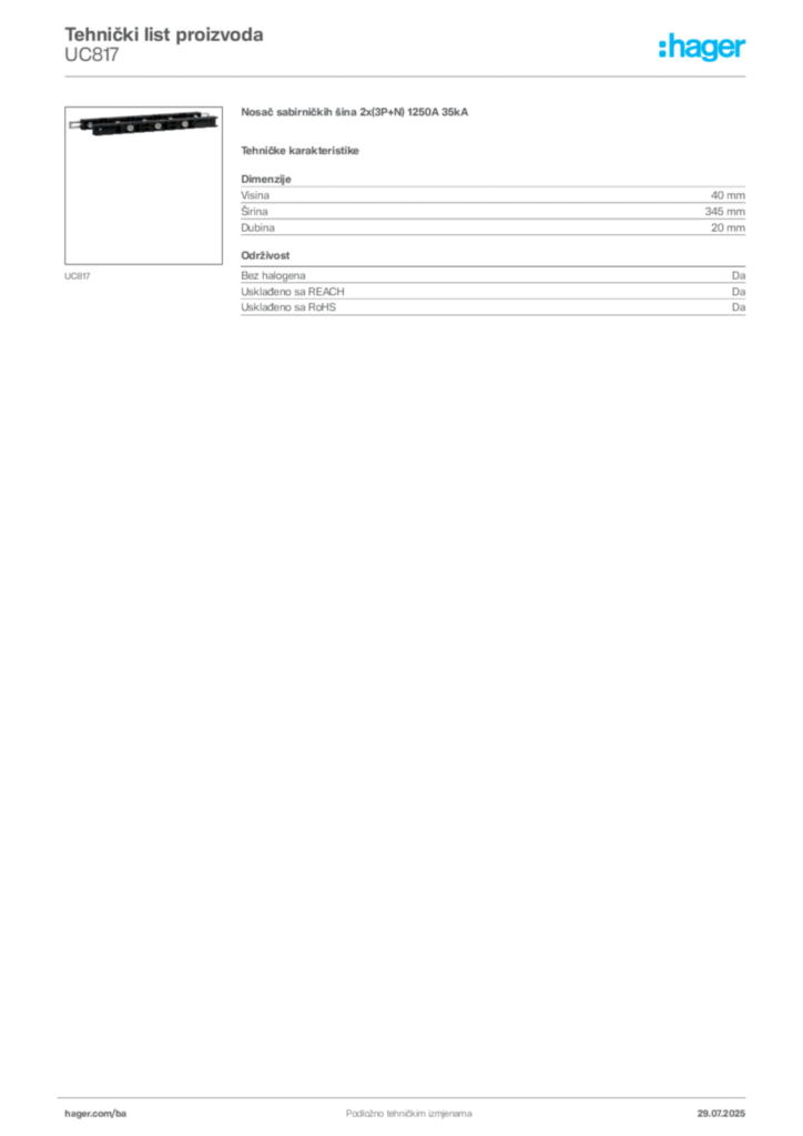 Slika Hager Product data sheet UC817  | Hager