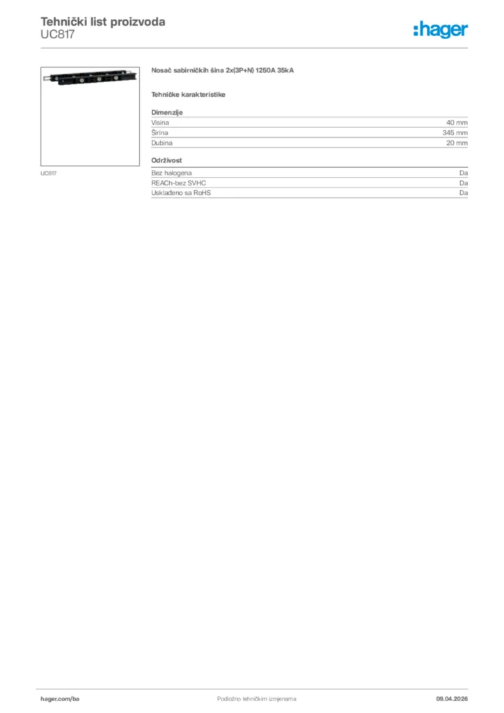 Slika Hager Tehnički list proizvoda UC817  | Hager