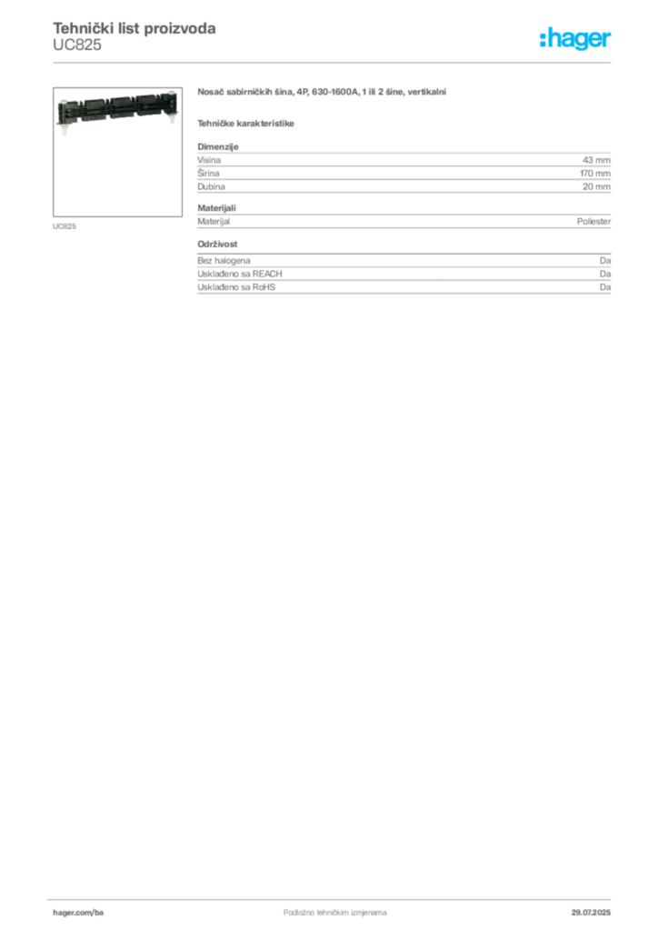 Slika Hager Product data sheet UC825  | Hager