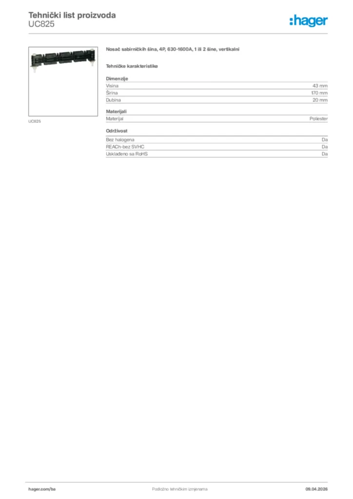 Slika Hager Tehnički list proizvoda UC825  | Hager