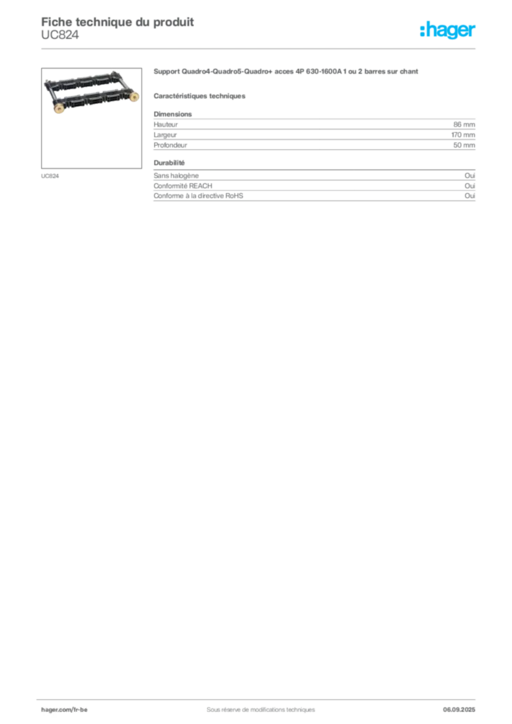 Image Hager Fiche technique du produit UC824 | Hager Belgique