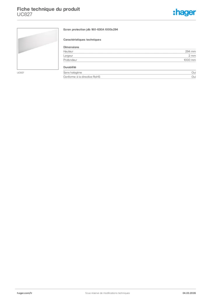 Image Hager Fiche technique du produit UC827 | Hager France