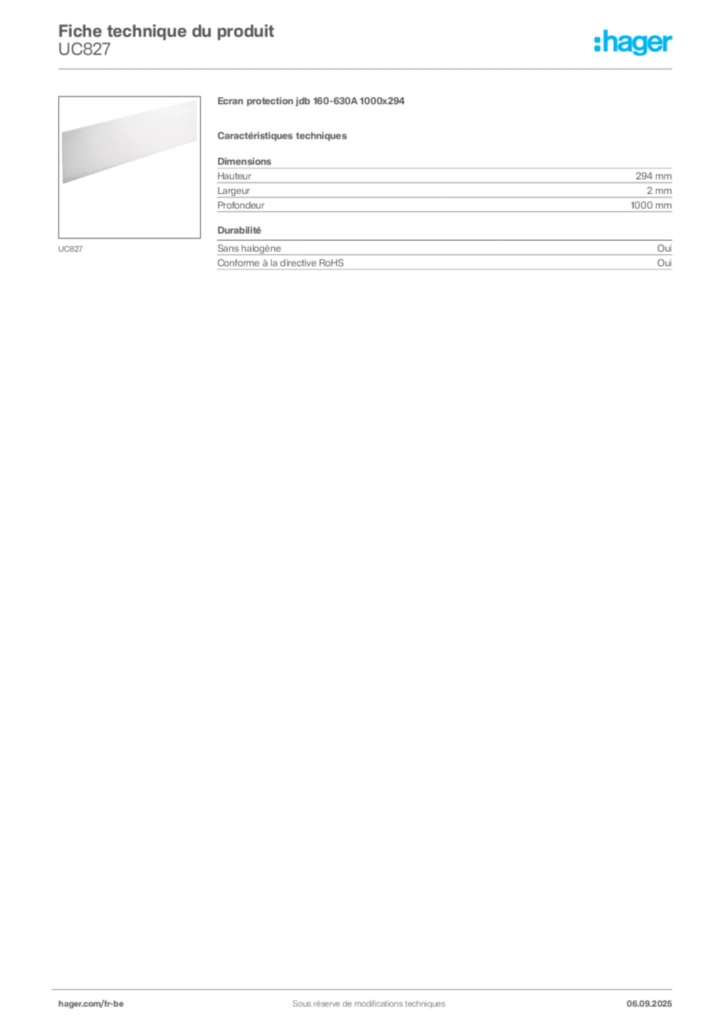 Image Hager Fiche technique du produit UC827 | Hager Belgique