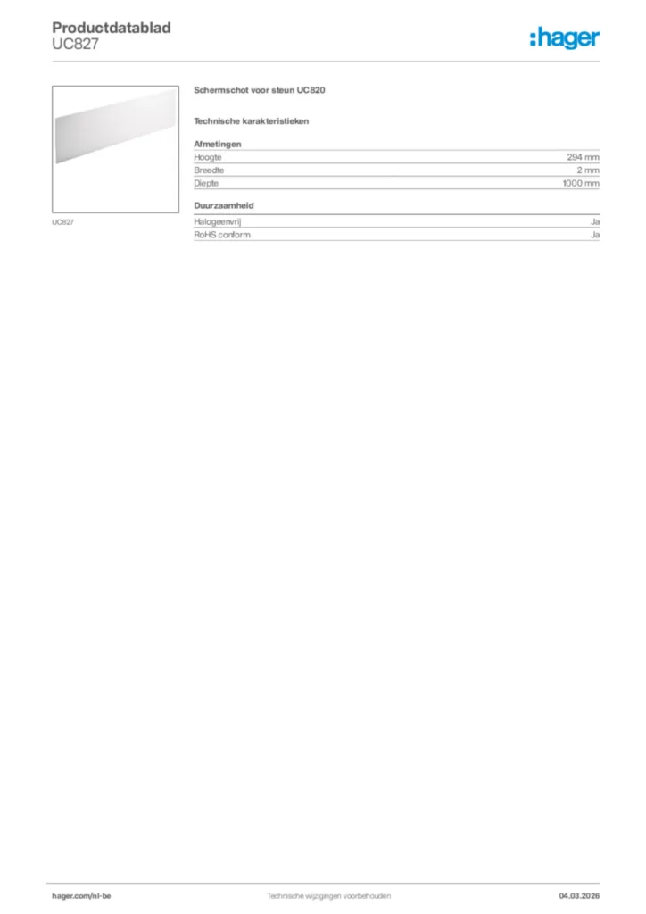 Afbeelding Hager Productdatablad UC827 | Hager Belgium