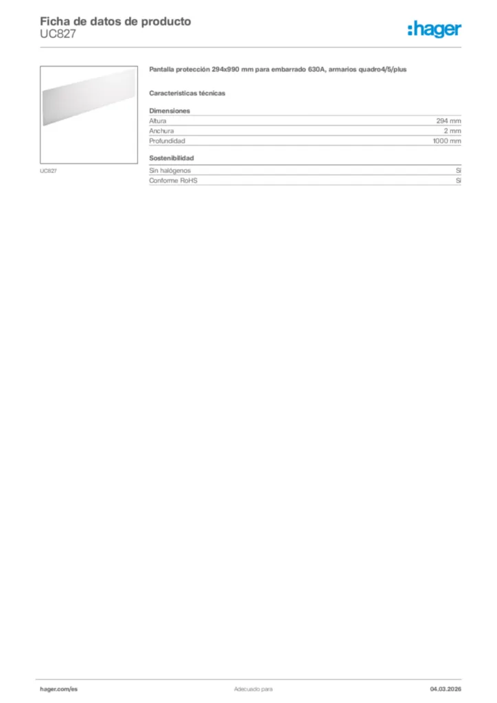 Imagen Hager Ficha de datos de producto UC827 | Hager España