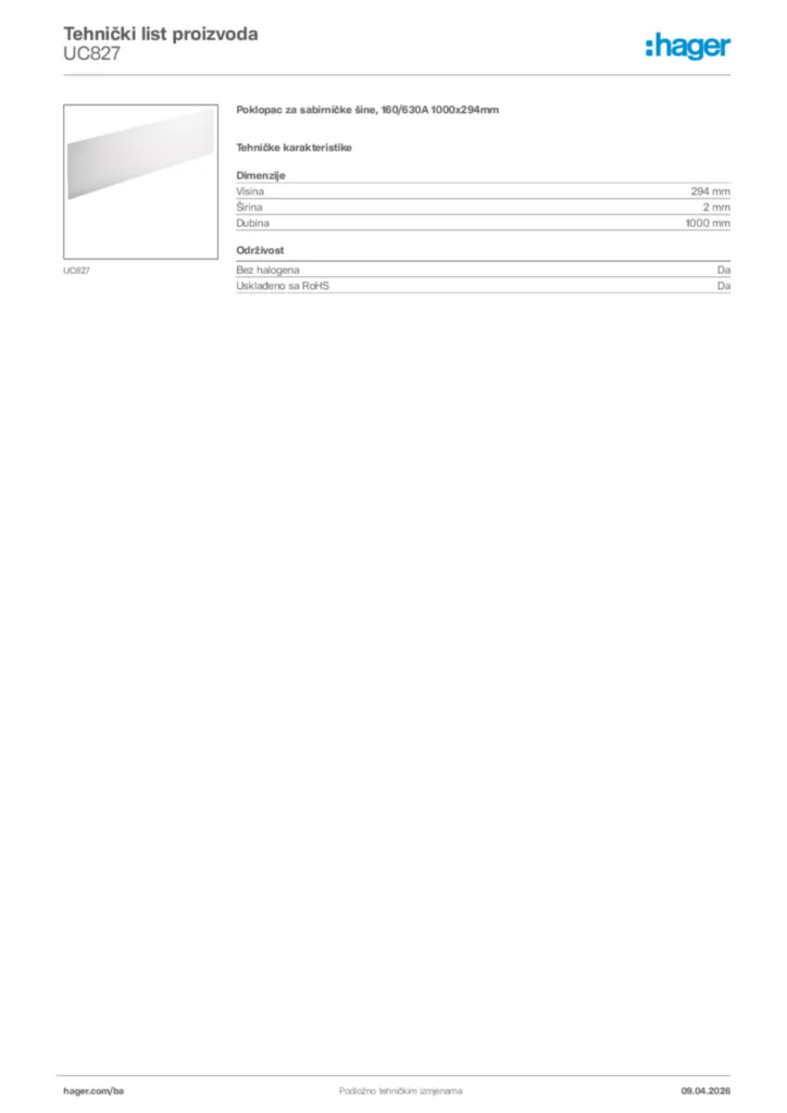 Slika Hager Tehnički list proizvoda UC827  | Hager