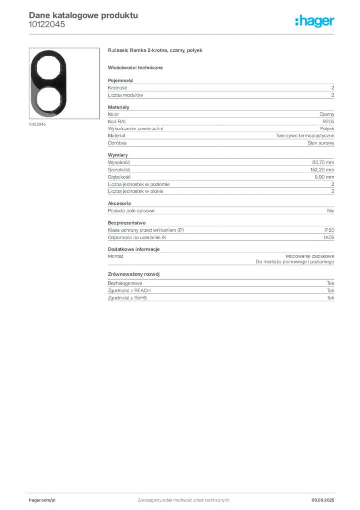 Zdjęcie Hager Dane katalogowe produktu 10122045 | Hager Polska