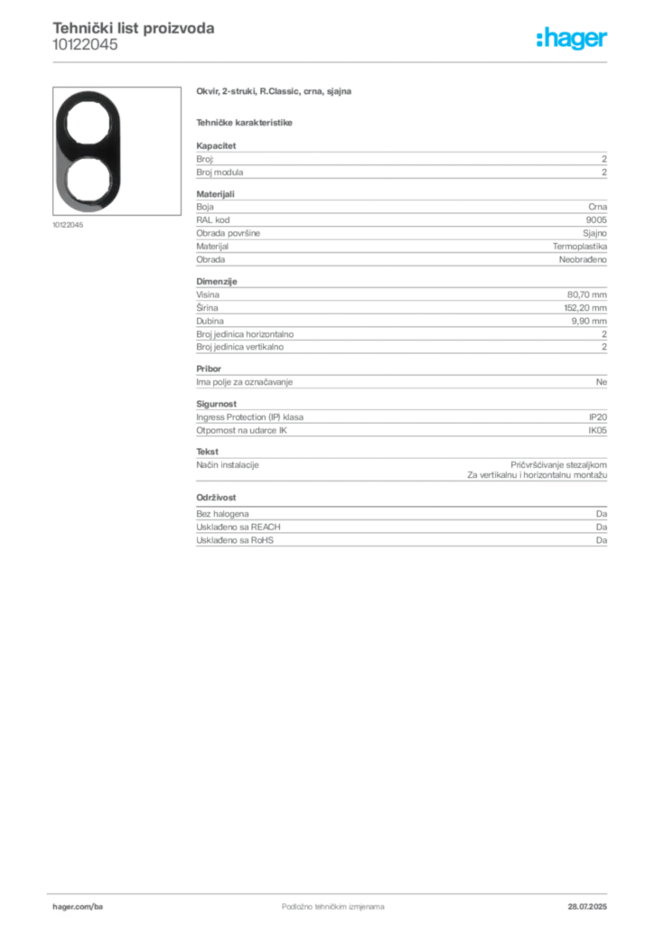 Slika Hager Product data sheet 10122045  | Hager
