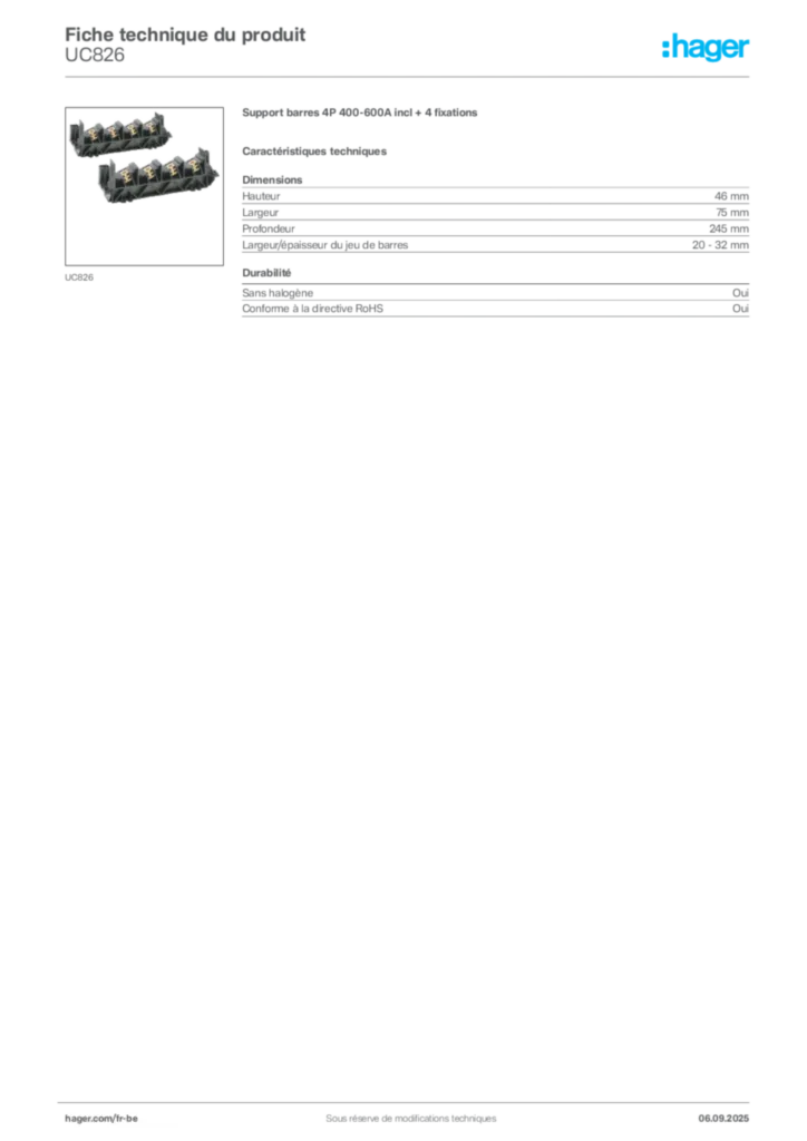 Image Hager Fiche technique du produit UC826 | Hager Belgique