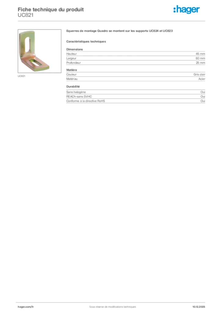 Image Hager Fiche technique du produit UC821 | Hager France