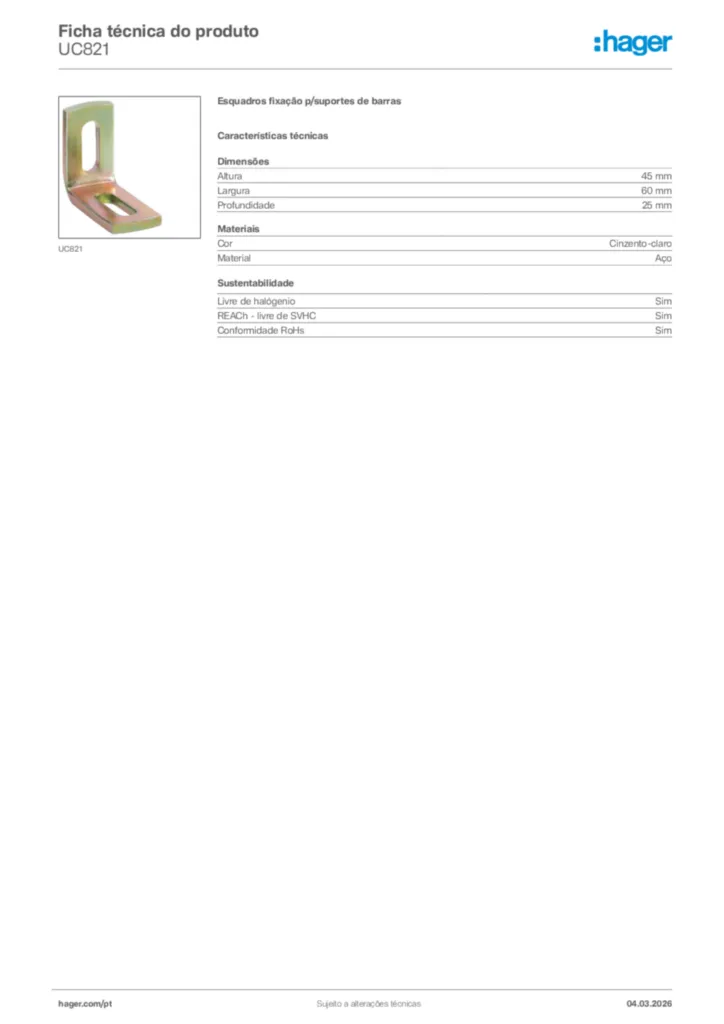 Imagem Hager Ficha técnica do produto UC821 | Hager Portugal
