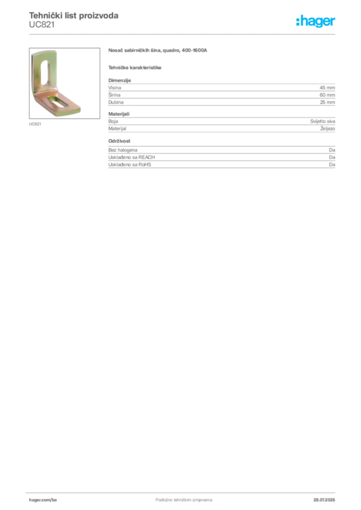 Slika Hager Product data sheet UC821  | Hager