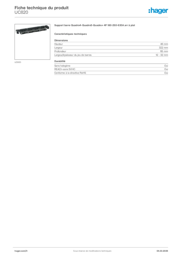 Image Hager Fiche technique du produit UC820 | Hager France