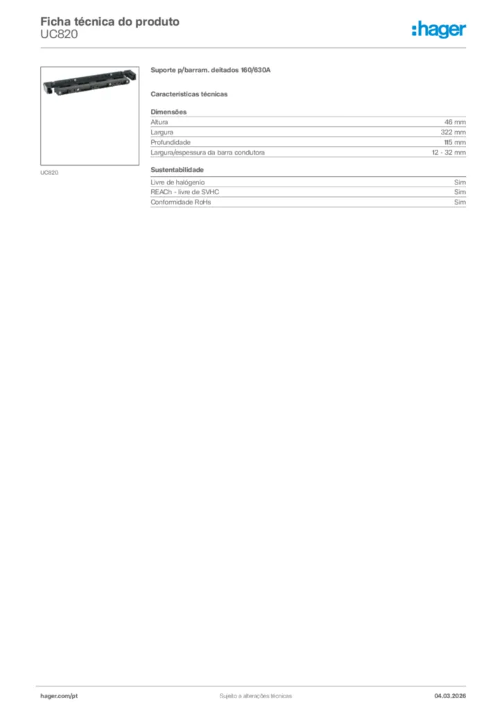 Imagem Hager Ficha técnica do produto UC820 | Hager Portugal