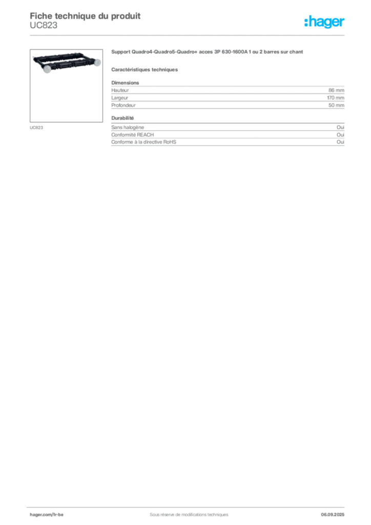 Image Hager Fiche technique du produit UC823 | Hager Belgique