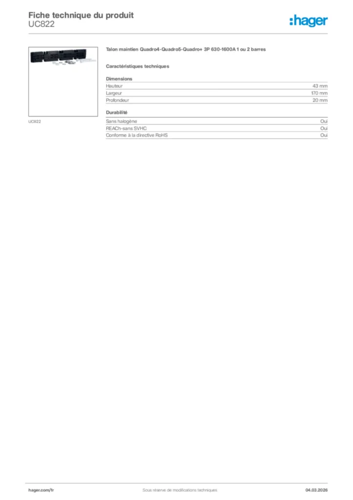 Image Hager Fiche technique du produit UC822 | Hager France