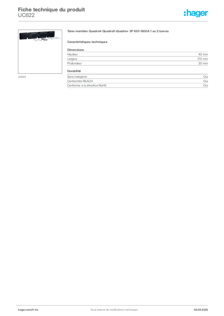 Image Hager Fiche technique du produit UC822 | Hager Belgique
