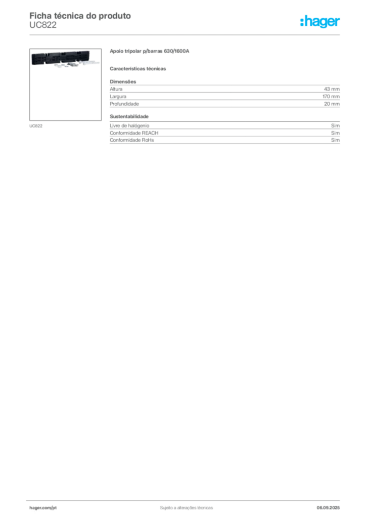 Imagem Hager Ficha técnica do produto UC822 | Hager Portugal