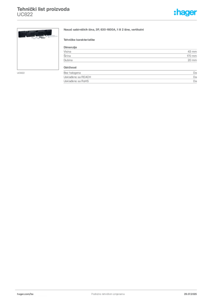Slika Hager Product data sheet UC822  | Hager