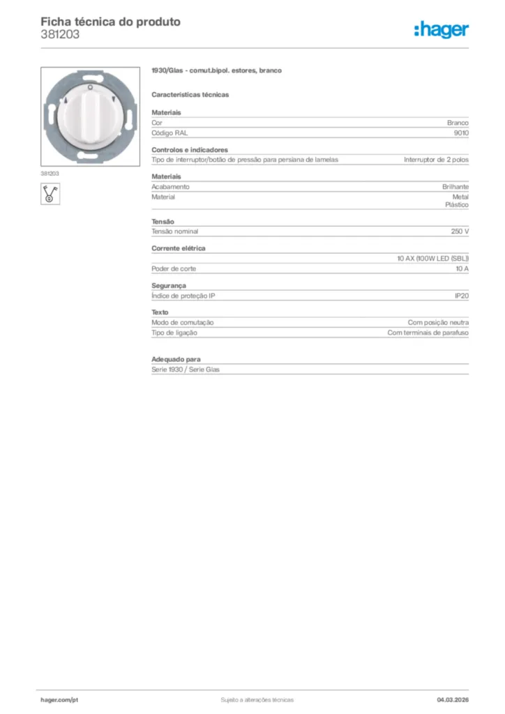 Imagem Hager Ficha técnica do produto 381203 | Hager Portugal