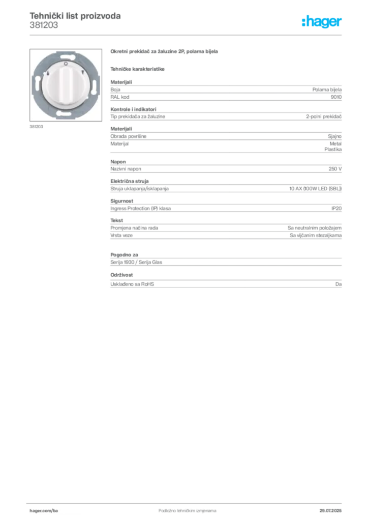 Slika Hager Product data sheet 381203  | Hager