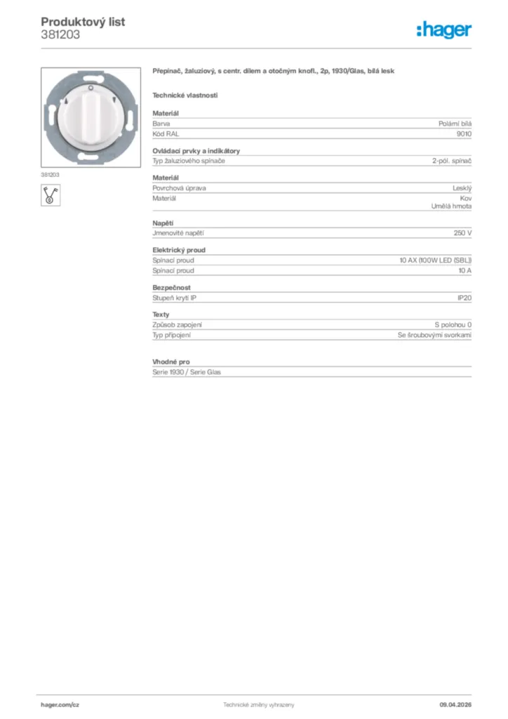 Obrázek Hager Product data sheet 381203 | Hager