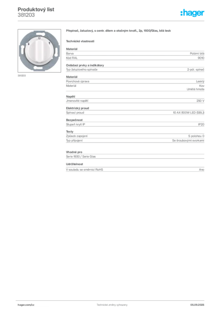 Obrázek Hager Produktový list 381203 | Hager