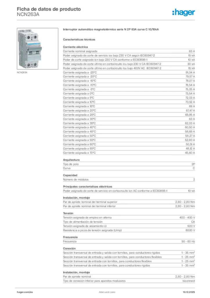 Imagen Hager Ficha de datos de producto NCN263A | Hager España