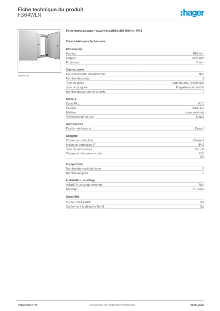Image Hager Fiche technique du produit FB64WLN | Hager Suisse