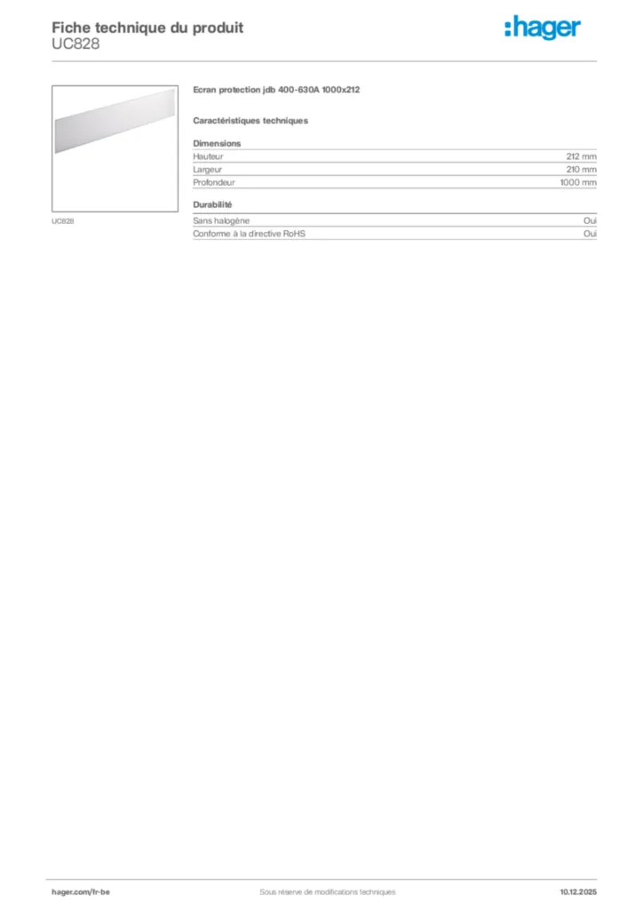 Image Hager Fiche technique du produit UC828 | Hager Belgique