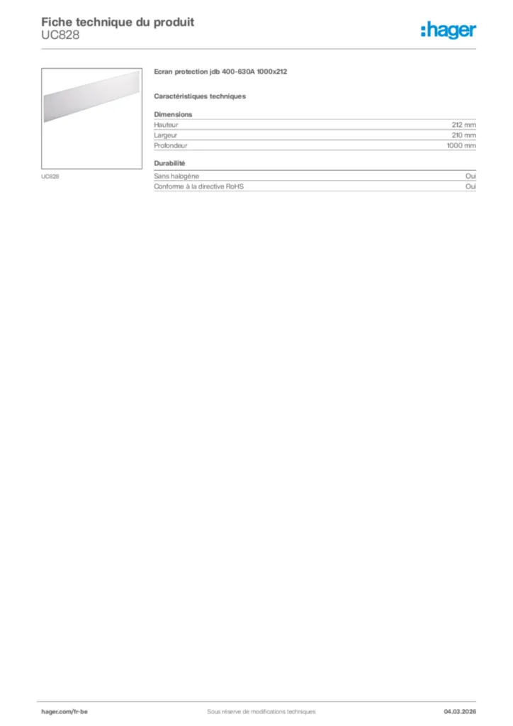 Image Hager Fiche technique du produit UC828 | Hager Belgique
