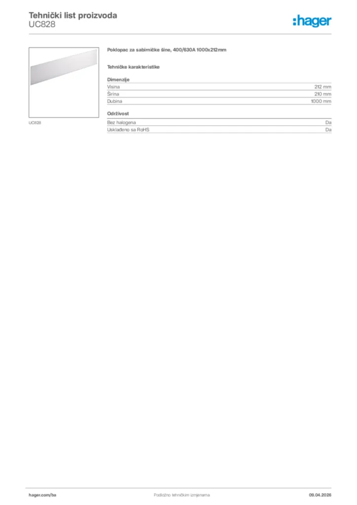 Slika Hager Tehnički list proizvoda UC828  | Hager