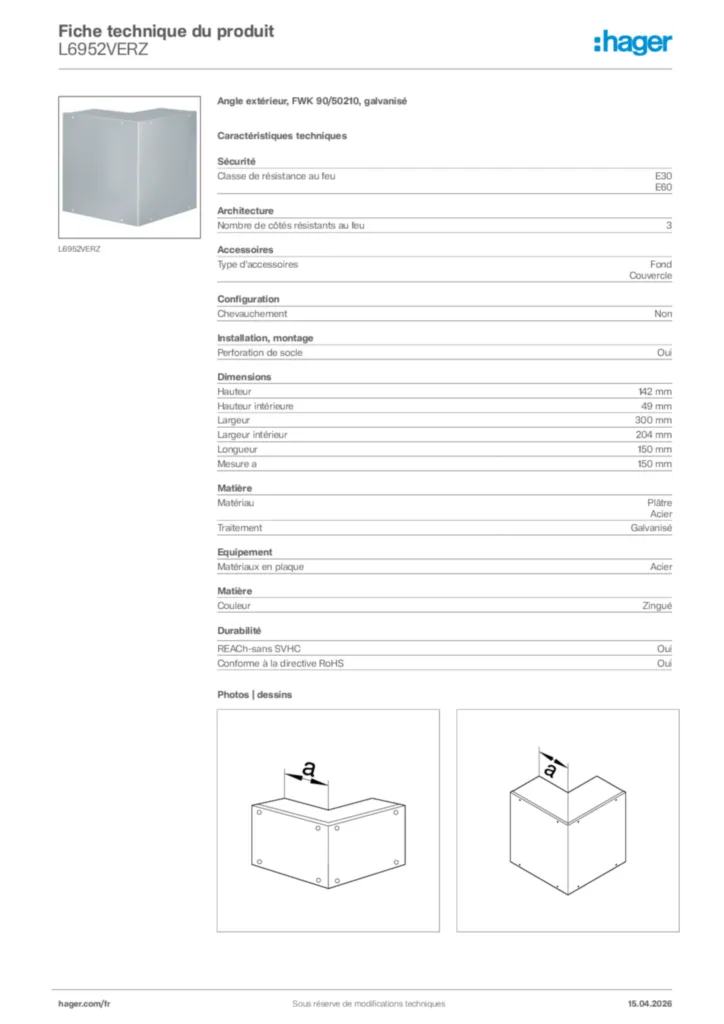 Image Hager Fiche technique du produit L6952VERZ | Hager France